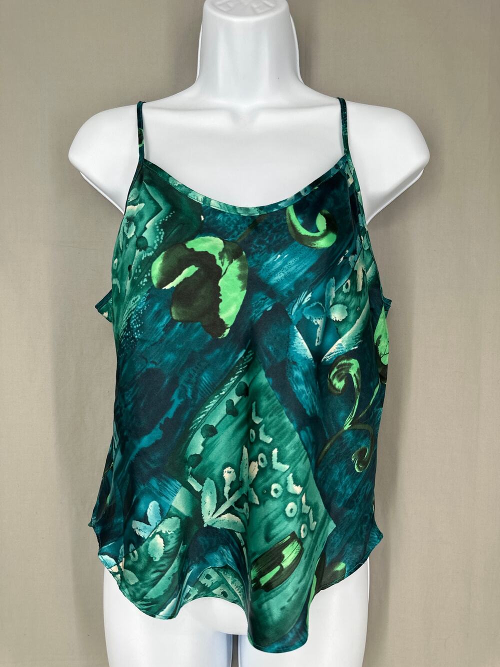 90s Vintage Top Womens Medium Green Floral Satin Cami Boho Bohemian Cottage